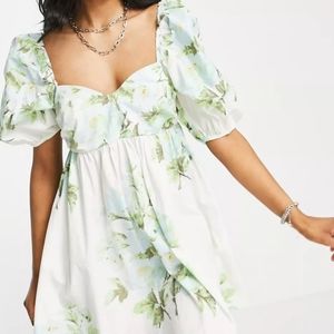 NWT Free People Green White Peony Short Puff Sleeve Pocket Babydoll Dress Sz M